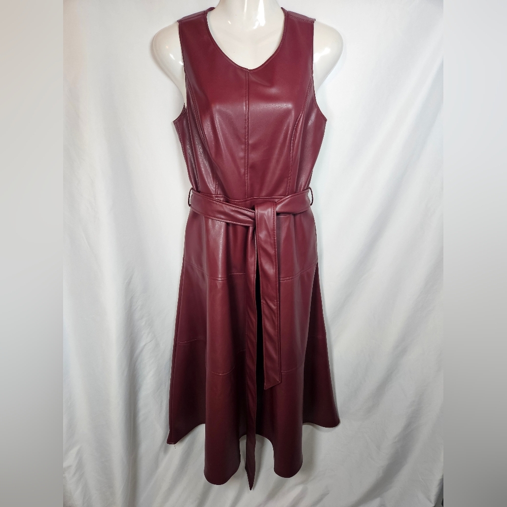 Chartou Burgundy Faux Leather Belted Midi Dress | Small | Vegan Leather